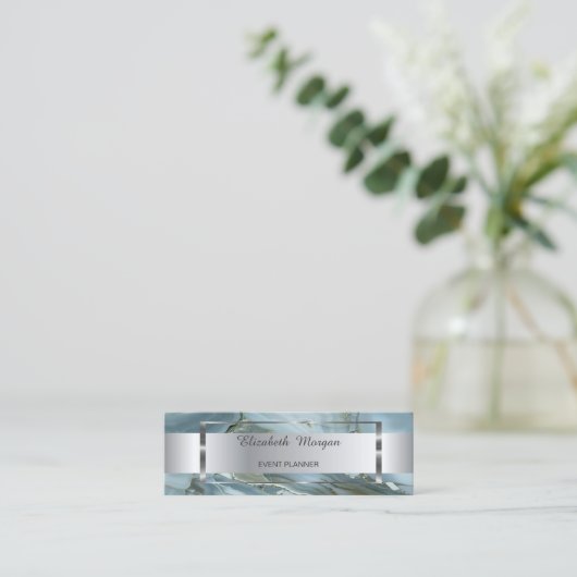 Carte De Visite Mini Elégant cadre à rayures argentées tendance, marbre (Debout devant)