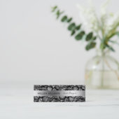 Carte De Visite Mini Élégant Damas Noir Et Argent (Debout devant)