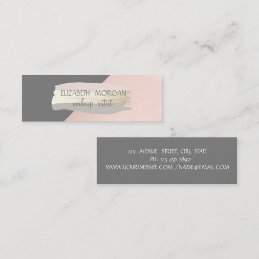 Carte De Visite Mini Élégant Gris Simple, Pinceau Rosé (Devant / Derrière)