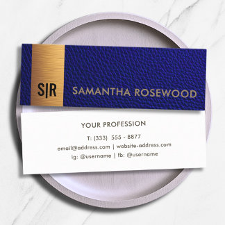 Carte De Visite Mini Élégant Monogramme en Or Brossé sur Cuir Bleu