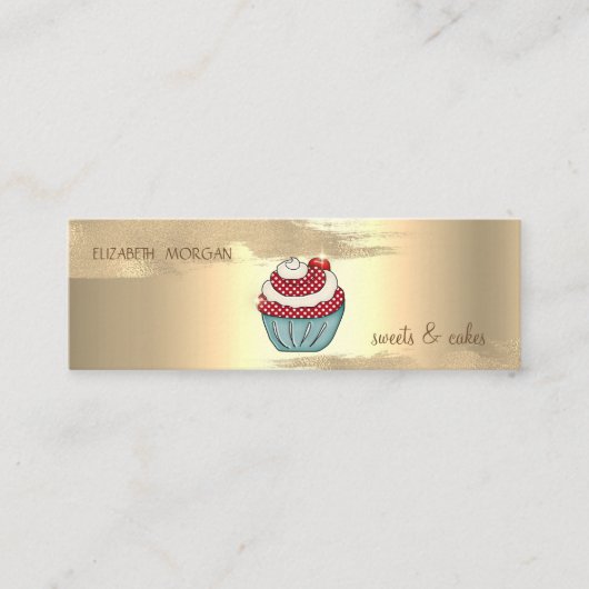 Carte De Visite Mini Élégante Brosse à huile d'or Stroke Cupcake Cherry (Devant)