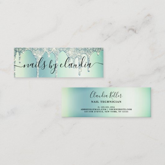 Carte De Visite Mini Élégante parties scintillant verte à la menthe ver (Devant / Derrière)