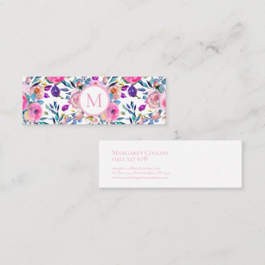 Carte De Visite Mini Fleurs d'aquarelle rose Monogramme (Devant / Derrière)