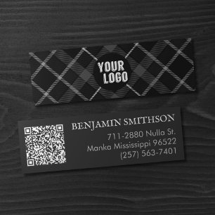 Carte De Visite Mini Logo & Code QR Charcoal Grey Plaid Modern Brandé
