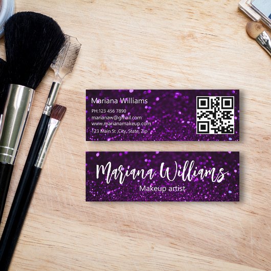 Carte De Visite Mini maquillage de code qr design artiste violet partie