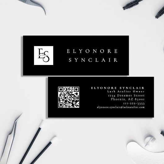 Carte De Visite Mini Minimal Black White Script Lash Logo Qr Code