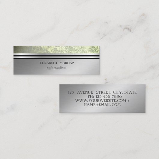 Carte De Visite Mini Moderne Elégant professionnel Silver Stripe Vert (Devant / Derrière)