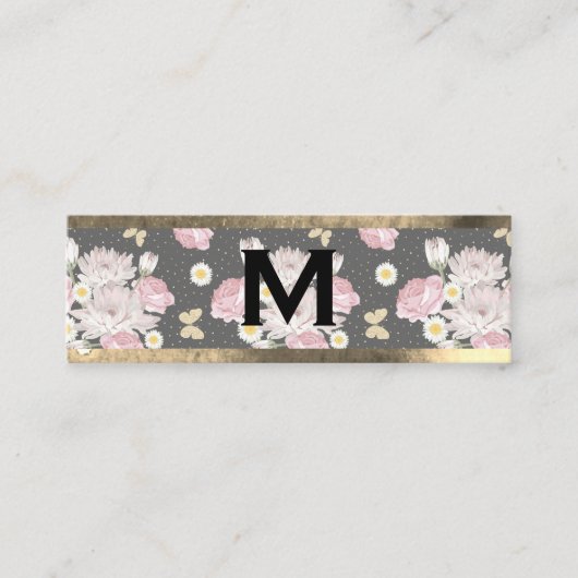 Carte De Visite Mini Monogram Or | Fleurs Roses (Devant)