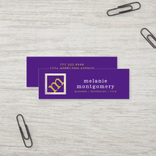 Carte De Visite Mini Monogramme à ligne moderne, violet et or modifiabl