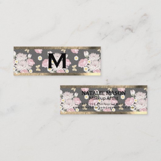 Carte De Visite Mini Monogramme or | Fleurs roses (Devant / Derrière)