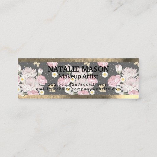 Carte De Visite Mini Monogramme or | Fleurs roses (Dos)