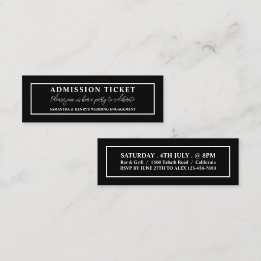 Carte De Visite Mini Noir et blanc élégant, billet d'entrée (Devant / Derrière)