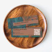 Carte De Visite Mini Notaire de code QR Abstrait Turquoise et cuivre él