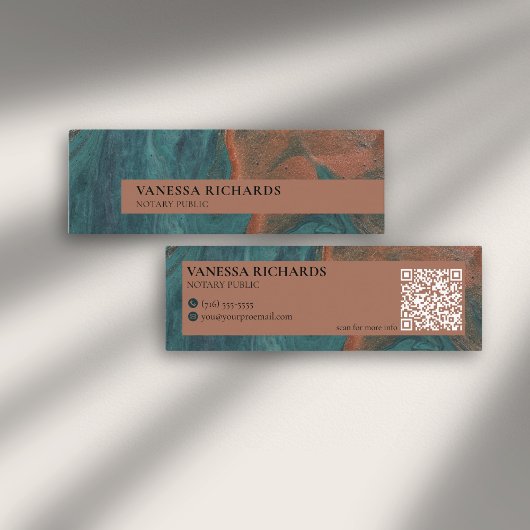 Carte De Visite Mini Notaire de code QR Abstrait Turquoise et cuivre él