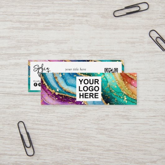 Carte De Visite Mini QR Code & Logo Elegant Rainbow Agate gold Glitter  (Devant/Arrière en situation)