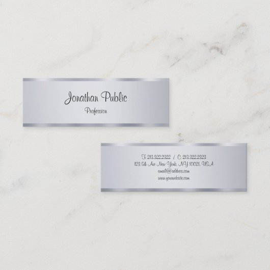 Carte De Visite Mini Script manuscrit élégant Modèle moderne argent (Devant / Derrière)
