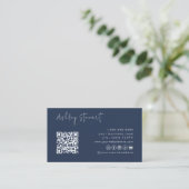 Carte De Visite Mini Script Sicial Media Qr Code Navy Blue (Debout devant)