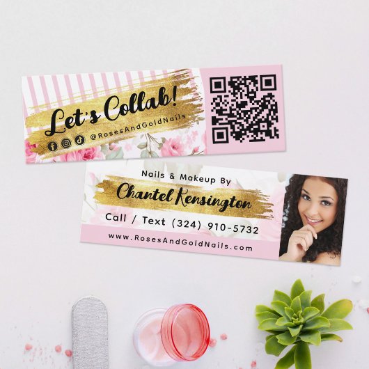 Carte De Visite Mini Shabby Blush Aquarelle Roses et Gold Influencer QR