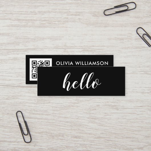 Carte De Visite Mini Simple moderne Black Hello QR Code (Devant/Arrière en situation)