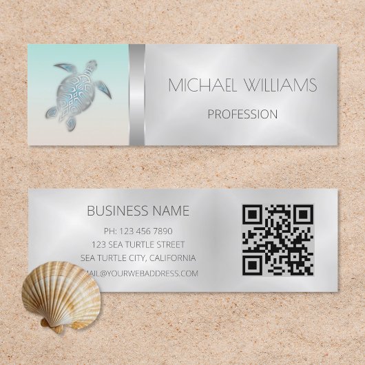 Carte De Visite Mini Tortue de mer en argent QR Code Plage Style
