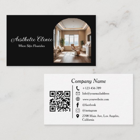 Carte De Visite Minimal Arch Aesthetic Clinic QR Code Black White (Devant / Derrière)