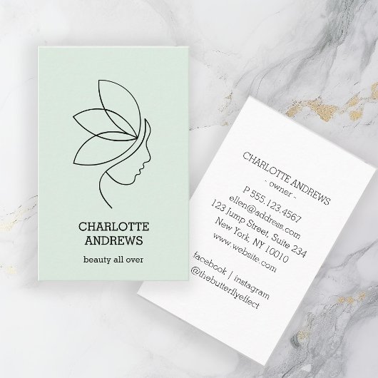 Carte De Visite Minimal, Beauté, Logo, Art Line, Vert clair