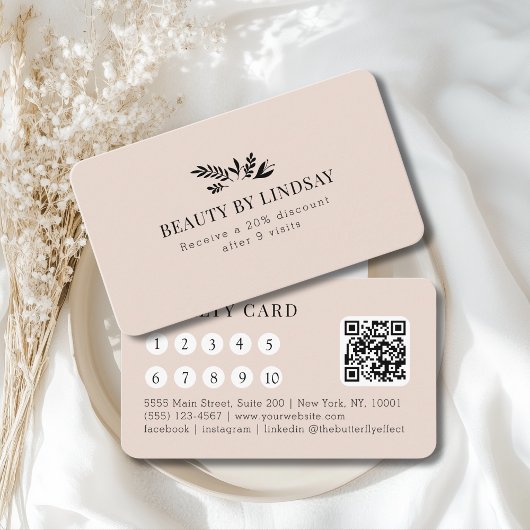 Carte De Visite Minimal Beige Botanical Salon QR-Code Loyalty