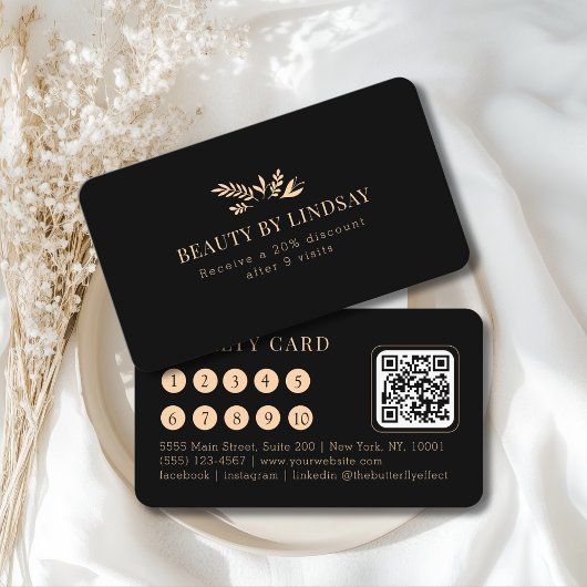 Carte De Visite Minimal Black Botanical Salon QR-Code Loyalty