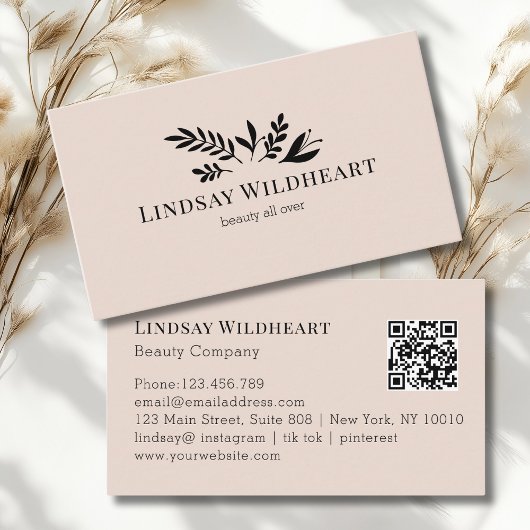 Carte De Visite Minimal Floral Beige-Blush Botanical QR Code