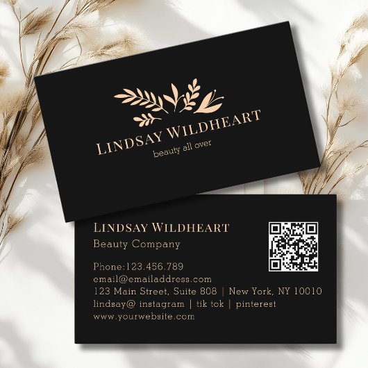Carte De Visite Minimal Floral Black Botanical Beauty QR Code