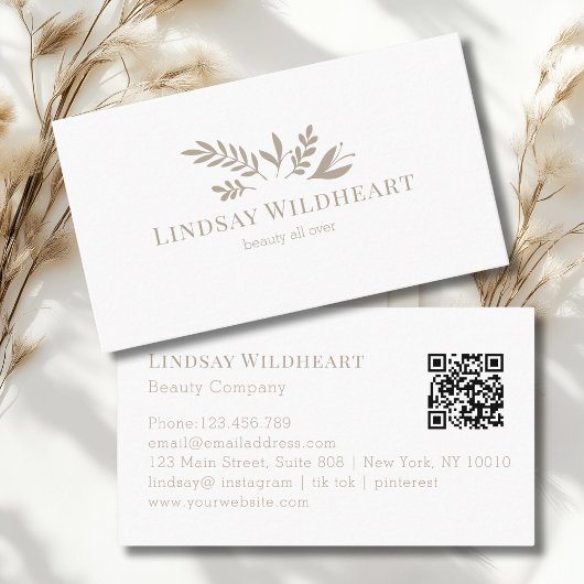 Carte De Visite Minimal Floral White Botanical Beauty QR Code