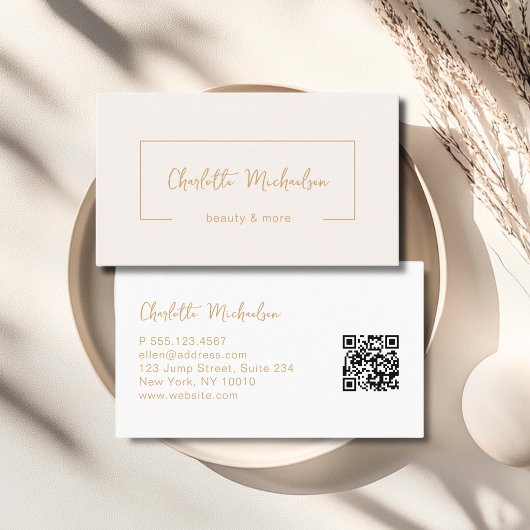 Carte De Visite Minimal Handwriting Beige QR Code