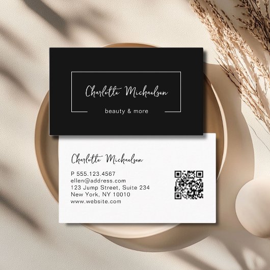 Carte De Visite Minimal Handwriting Black QR Code