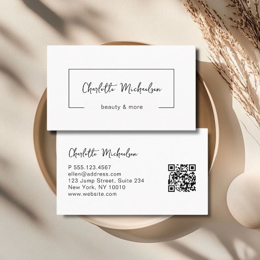Carte De Visite Minimal Handwriting White QR Code