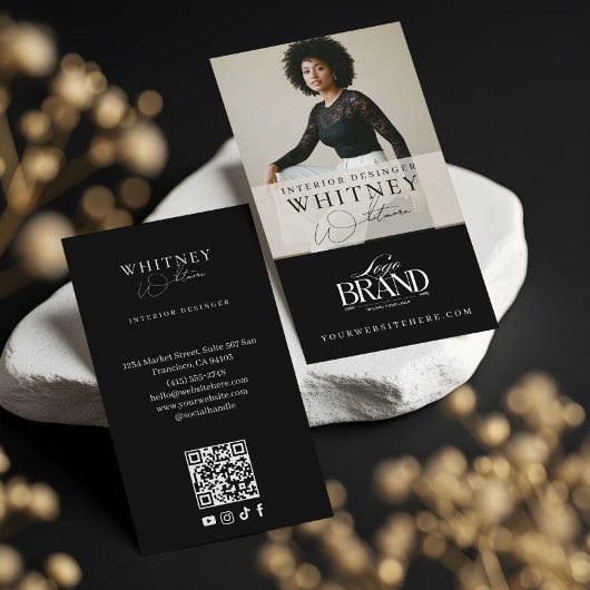 Carte De Visite Minimal Luxury Black Interior Designer Photo Logo
