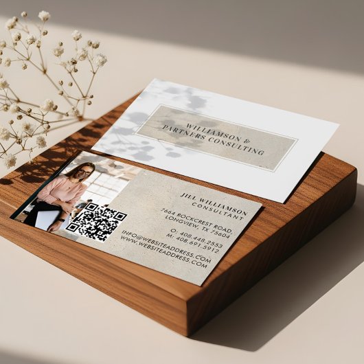 Carte De Visite Minimal Modern Beige Stone texture Photo QR Code