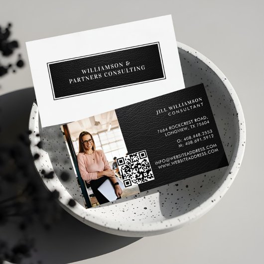Carte De Visite Minimal Modern Elegant Black Leather Photo QR Code