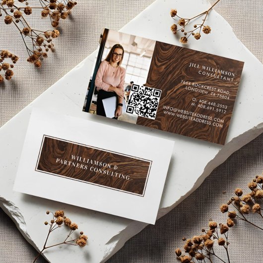 Carte De Visite Minimal Modern Elegant Woodgrain Photo QR Code