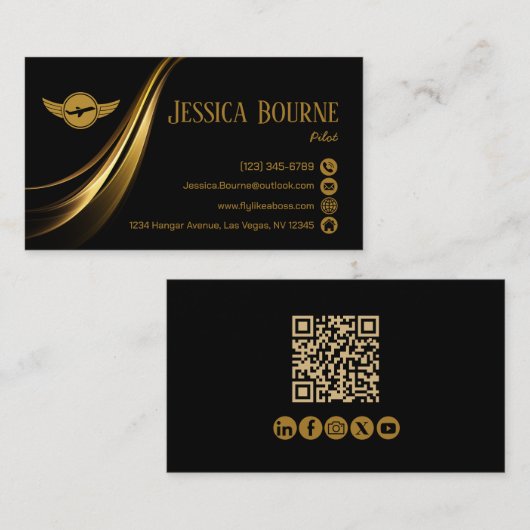 Carte De Visite Minimal moderne professionnel QR Code pilote Or (Devant / Derrière)