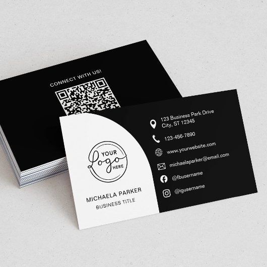 Carte De Visite Minimal Professional Custom Logo QR Code Black