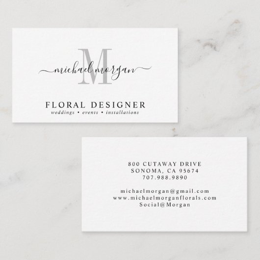 Carte De Visite Minimal Script Monogram Floral Designer (Devant / Derrière)
