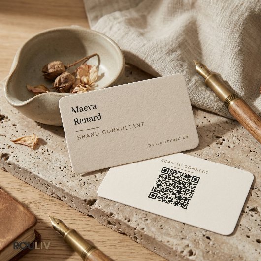 Carte De Visite Minimal Warm Beige Linen Texture QR Code Freelance