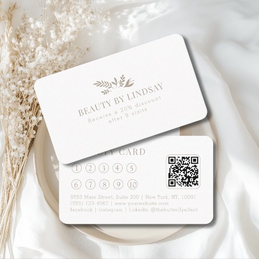 Carte De Visite Minimal White Botanical Salon QR-Code Loyalty