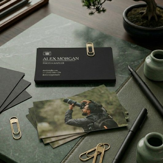 Carte De Visite Minimalist Black Camera Logo Photographer Double-S