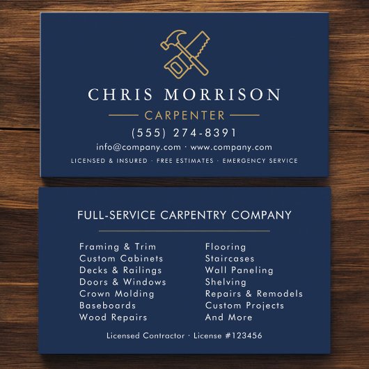 Carte De Visite Minimalist Carpenter Navy Blue Gold Modern