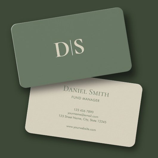 Carte De Visite Minimalist Elegant Beige on Muted Green Initials