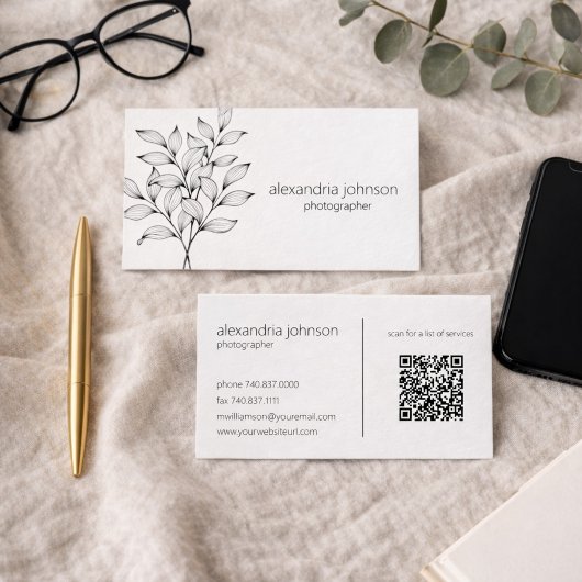 Carte De Visite Minimalist Foliage with QR Code 