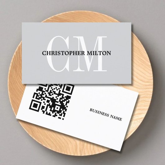 Carte De Visite Minimalist Grey Bold Monogram QR code Consultant