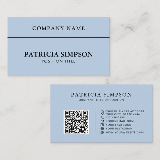 Carte De Visite Minimalist Light Blue QR Code Professional Elegant (Devant / Derrière)