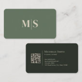 Carte De Visite Minimalist Modern Olive Green Initials QR Code (Devant / Derrière)